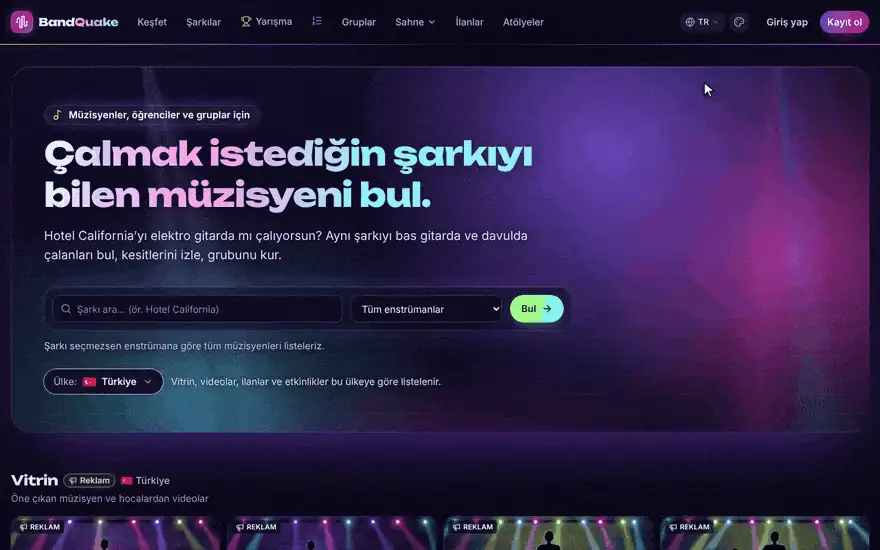 BandQuake ana sayfası: şarkı ve enstrüman araması, altında Vitrin videoları
